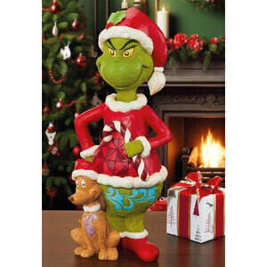 Jim Shore Grinch Large 20” Santa Hat with Max Statue Door Greeter Dr Suess NIB